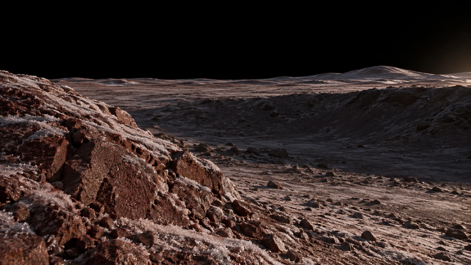 Hypothetical ground-level landscape of Sedna. Color and broad material choices follow remote observations; terrain, lighting and local details are artistic interpretation, not a mapped or photographed site.