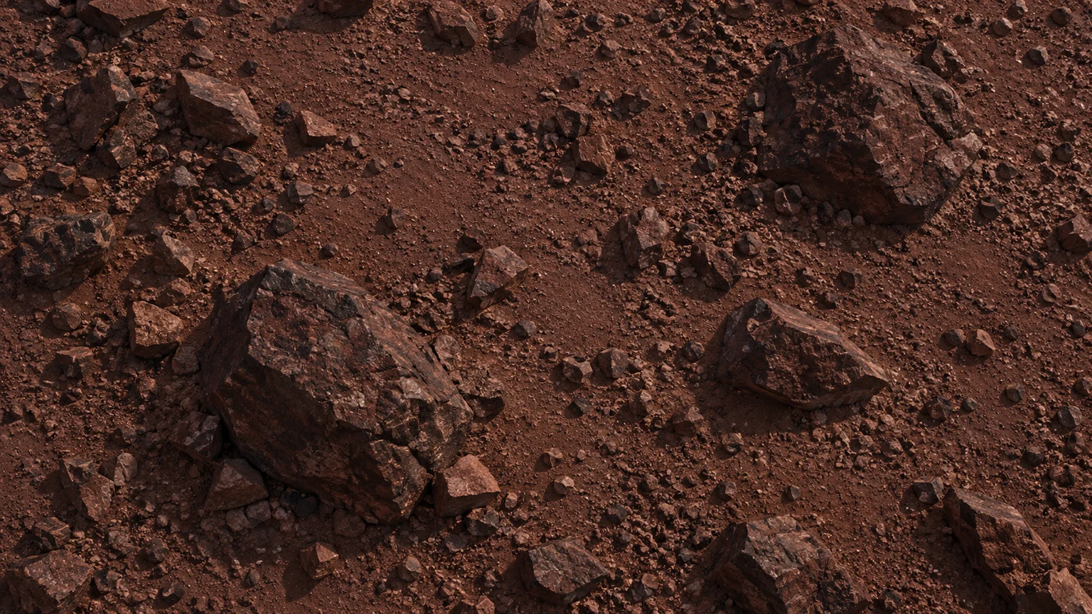 Dark red-brown weathered fragments scattered over a finer ruddy surface, weak distant sunlight revealed by enhanced exposure. An artistic reconstruction of Sedna; local detail, lighting and viewpoint are imagined. The depicted environment is a possibility, not an observed surface or weather map.