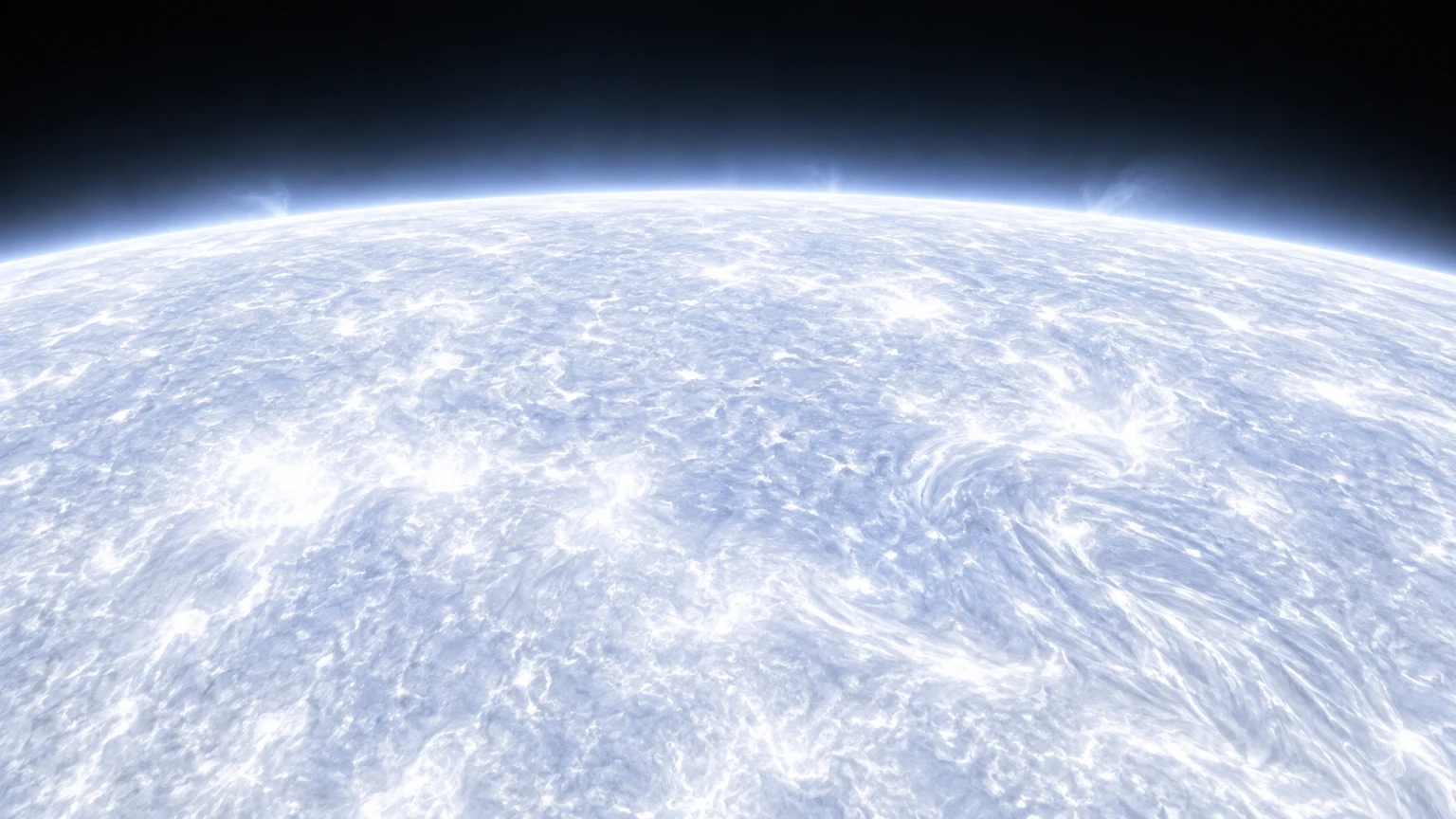 An imagined close approach to Sirius A’s luminous gaseous layers. Fine texture and the faint horizon glow are artistic interpretations, not mapped features. Exposure is reduced to reveal structure.