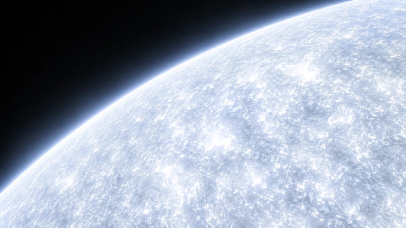A hypothetical oblique view of Sirius A’s photosphere against space. The cool white palette represents a hot star; local patterns and apparent brightness are illustrative, not a resolved photograph.