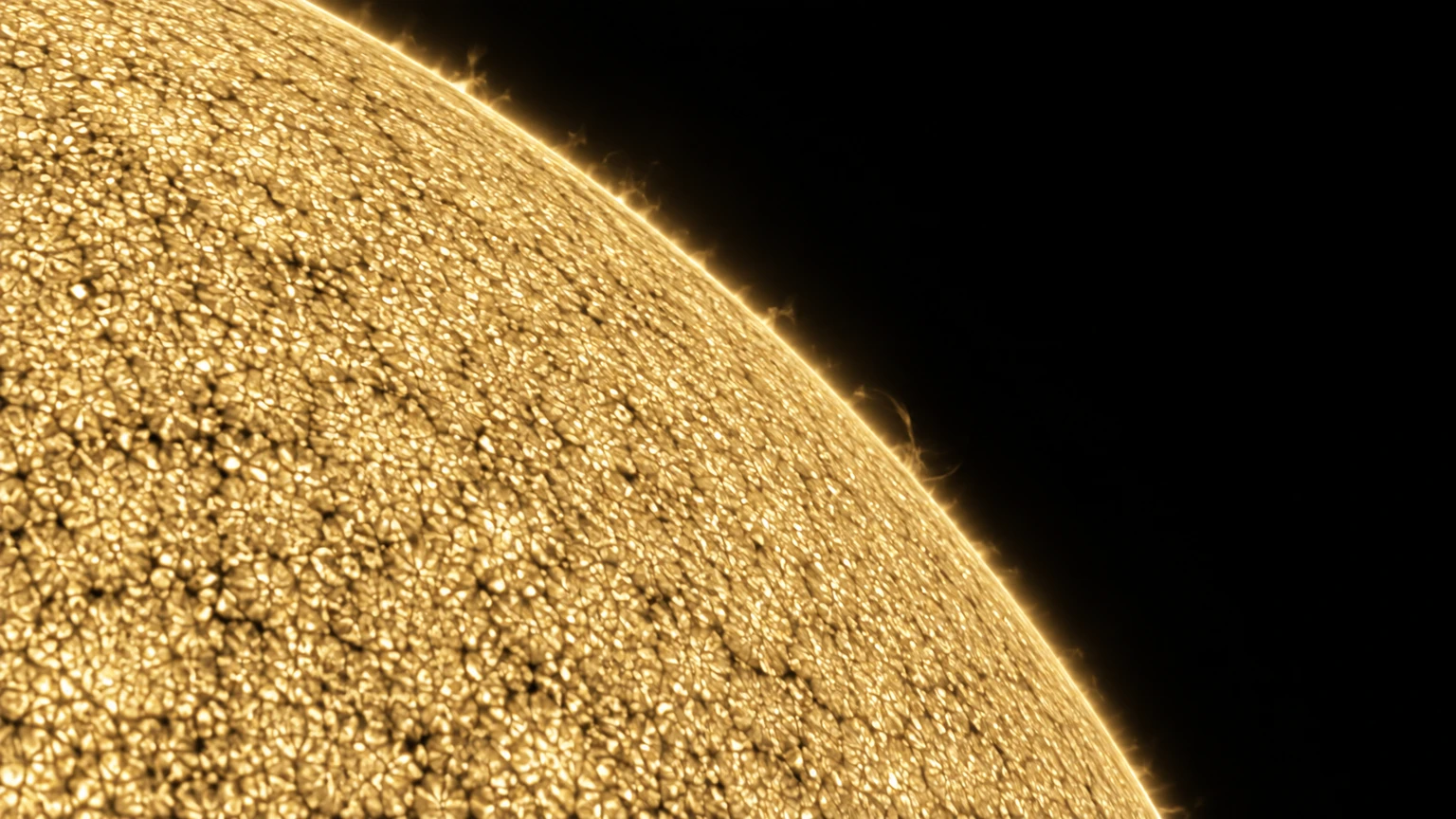 A hypothetical close view of the stellar limb. Small plasma structures and their locations are artistic interpretations, not a recorded event. The bright edge marks gaseous layers, not solid terrain.