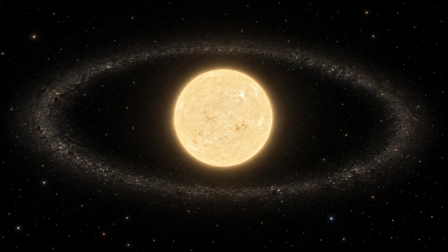 An artistic view of Tau Ceti against space. The luminous disk and fine gaseous texture are illustrative; color and exposure are adjusted for visibility, not a resolved stellar photograph. The surrounding debris belt is schematic; distances and particle sizes are not to scale.