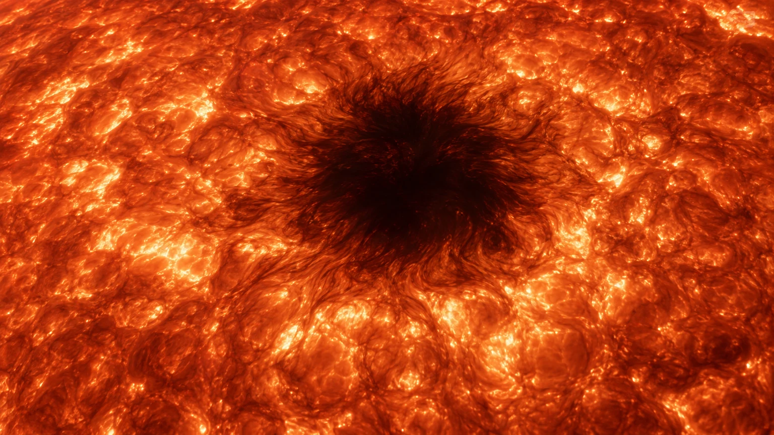 A hypothetical cooler magnetic patch surrounded by luminous convection. The pattern is invented; dark regions are plasma, not solid ground.
