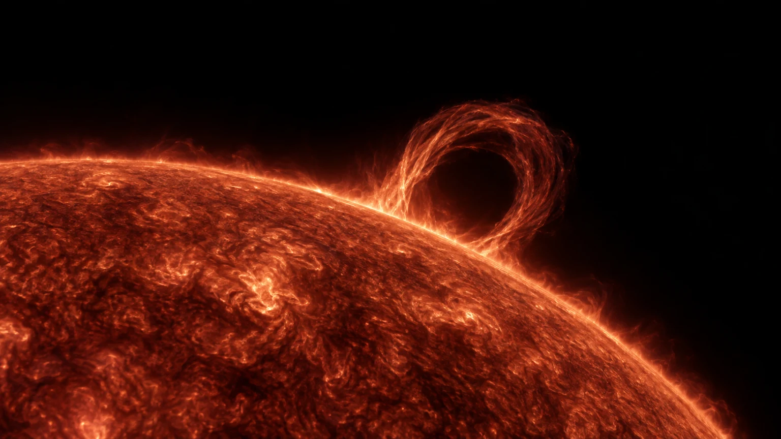 An imagined prominence above the stellar limb. Its shape and brightness do not reconstruct an observed flare; filtered colors reveal a possible plasma structure.