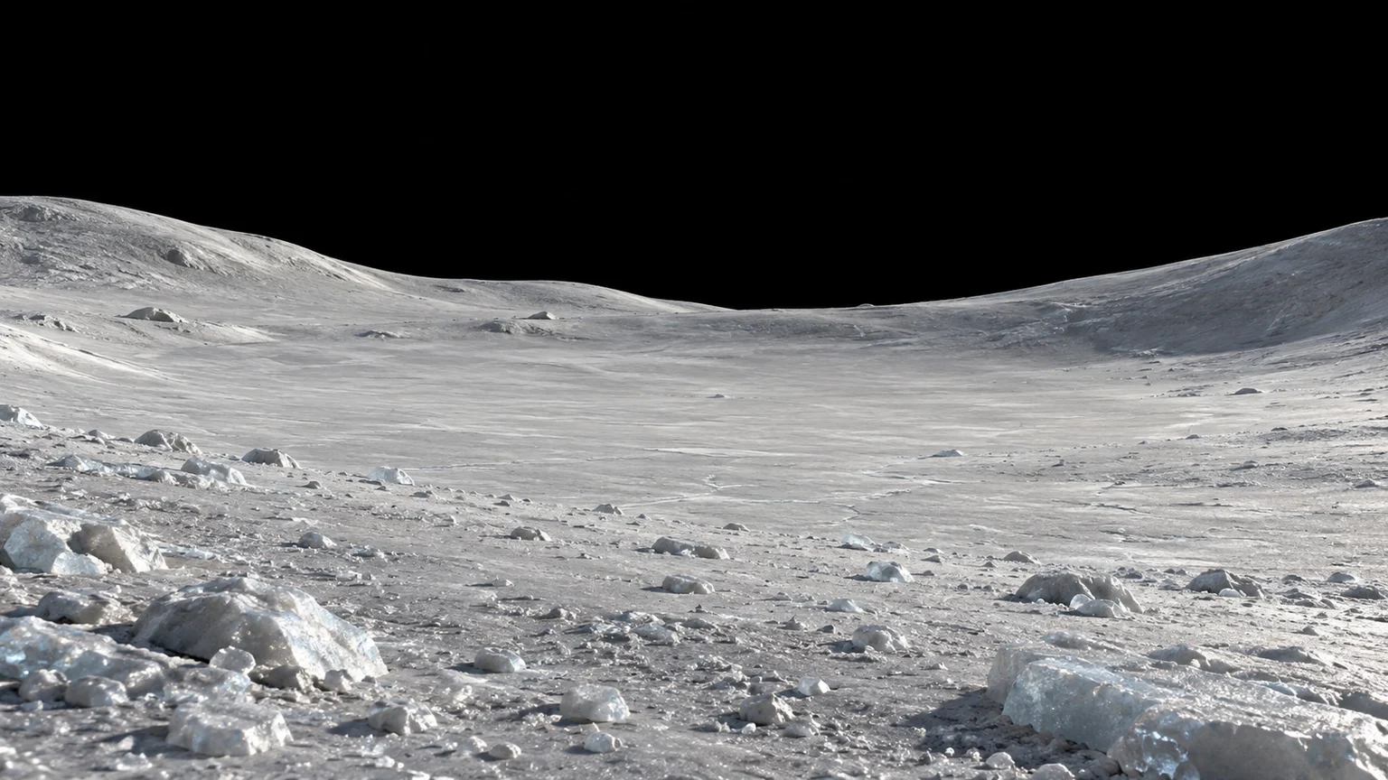 An imagined ground-level view of Telesto’s muted icy relief. Powder, fragments and the precise hollow are artistic interpretations.