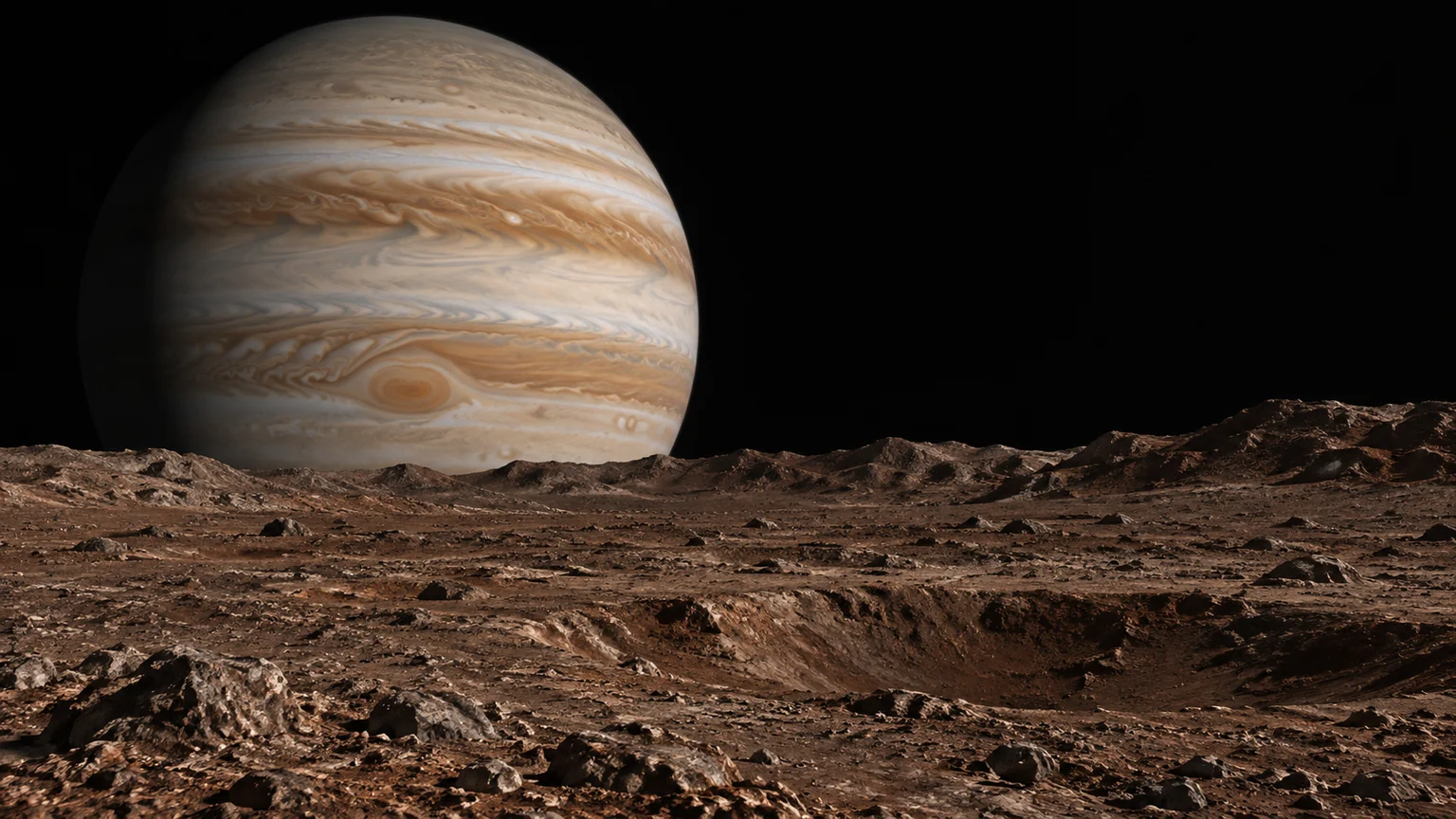 An imagined view from Thebe’s Jupiter-facing side. Earthin, cloud patterns and lighting are reconstructed; the giant planet’s large apparent size reflects the close orbit.