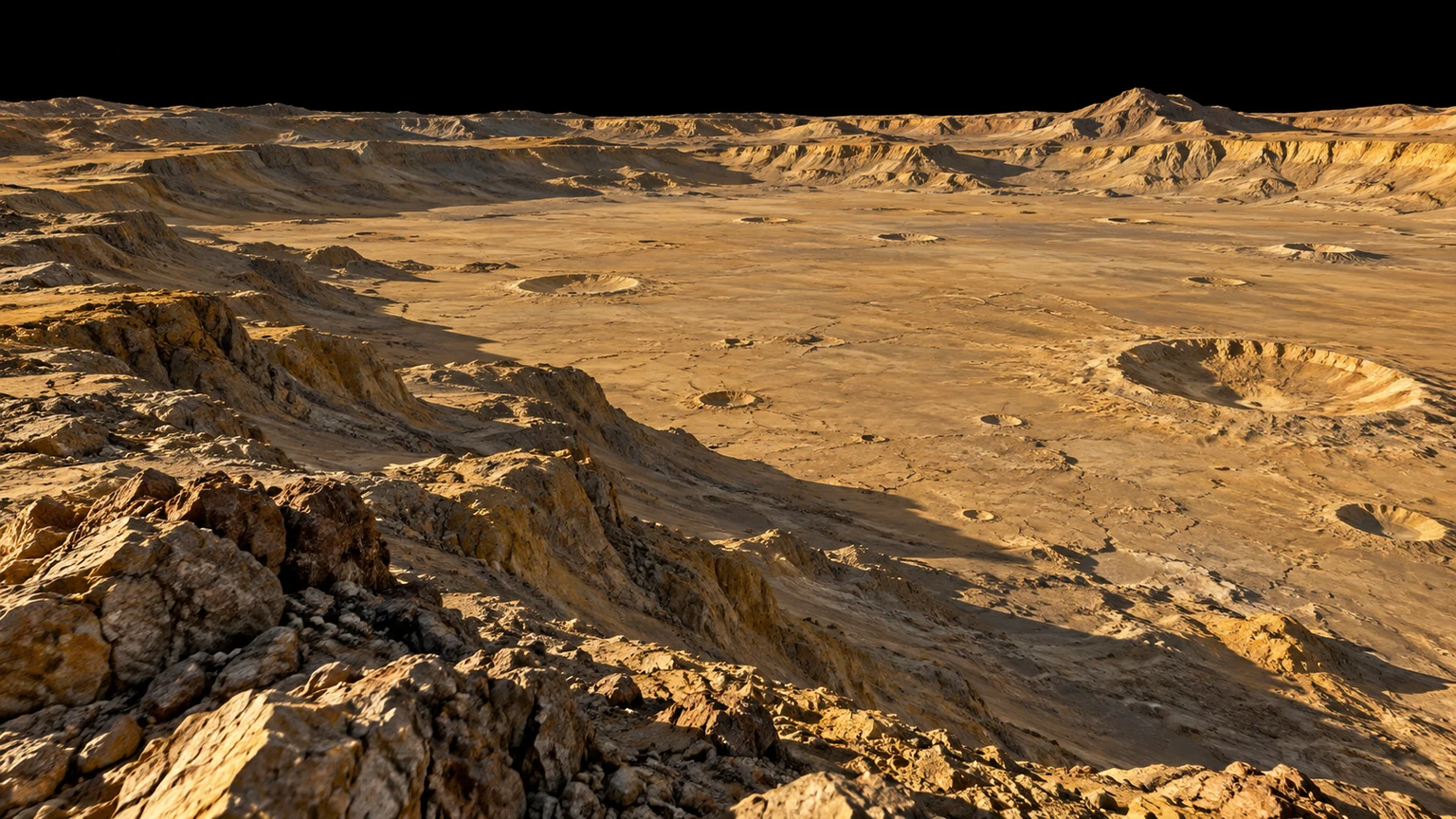An imagined view of pale ochre rock, sharp crater terraces and angular blocks. The terrain and mineral colors are invented. An airless sky is an illustration assumption, not a measured atmospheric state. No landing site has been mapped here.