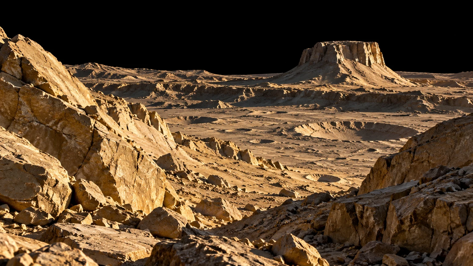 An imagined view of pale ochre rock, sharp crater terraces and angular blocks. The terrain and mineral colors are invented. An airless sky is an illustration assumption, not a measured atmospheric state. No landing site has been mapped here.