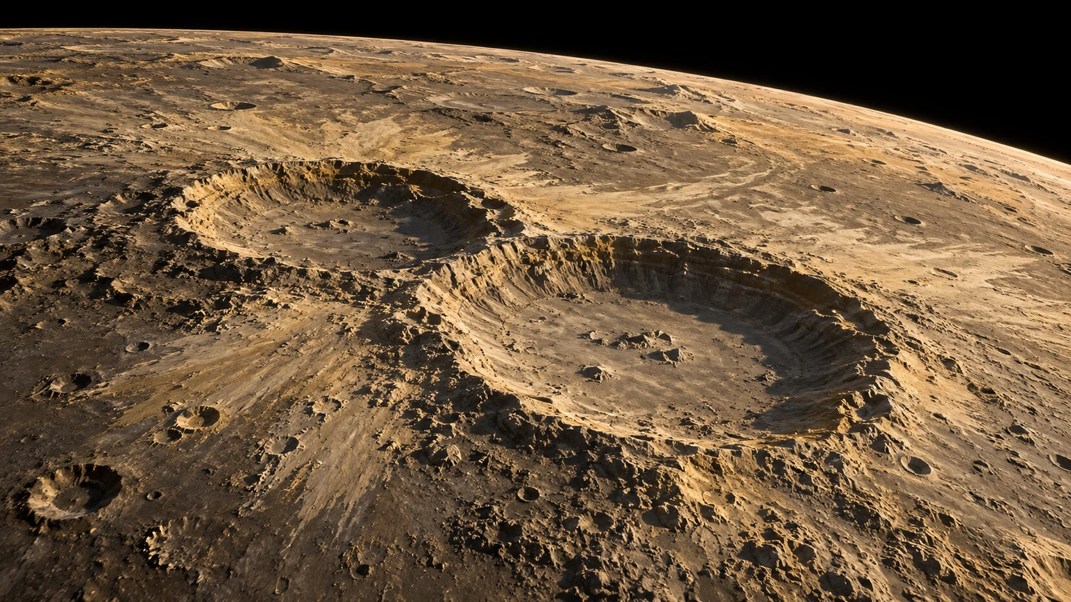 An imagined view of pale ochre rock, sharp crater terraces and angular blocks. The terrain and mineral colors are invented. An airless sky is an illustration assumption, not a measured atmospheric state. No landing site has been mapped here.