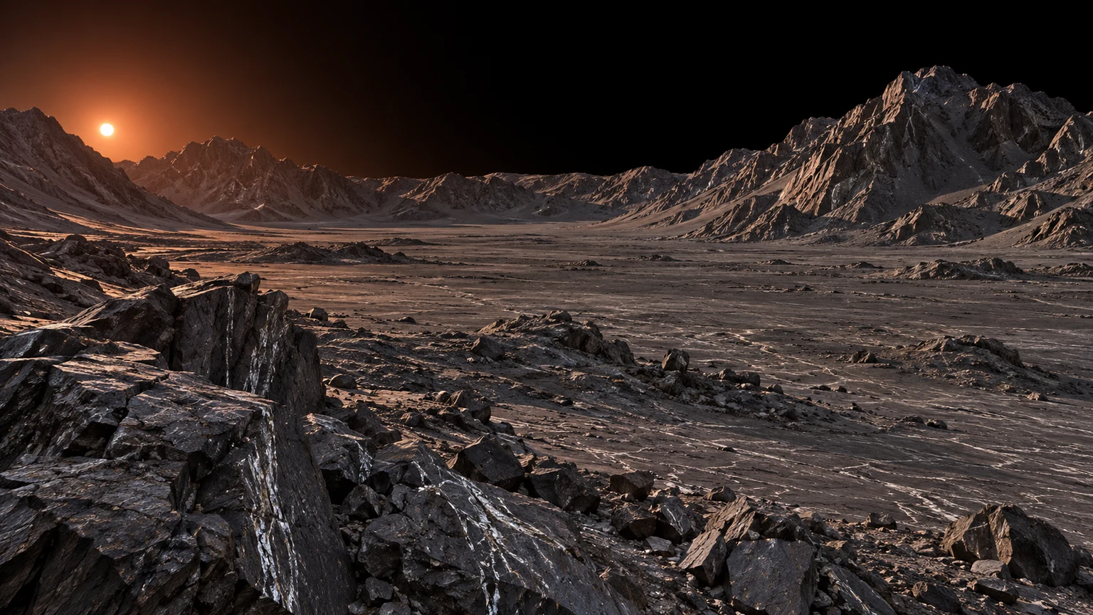 An imagined view of slate-gray mountains, silvery mineral veins and dry cratered highlands. The terrain and mineral colors are invented. An airless sky is an illustration assumption, not a measured atmospheric state. No landing site has been mapped here.