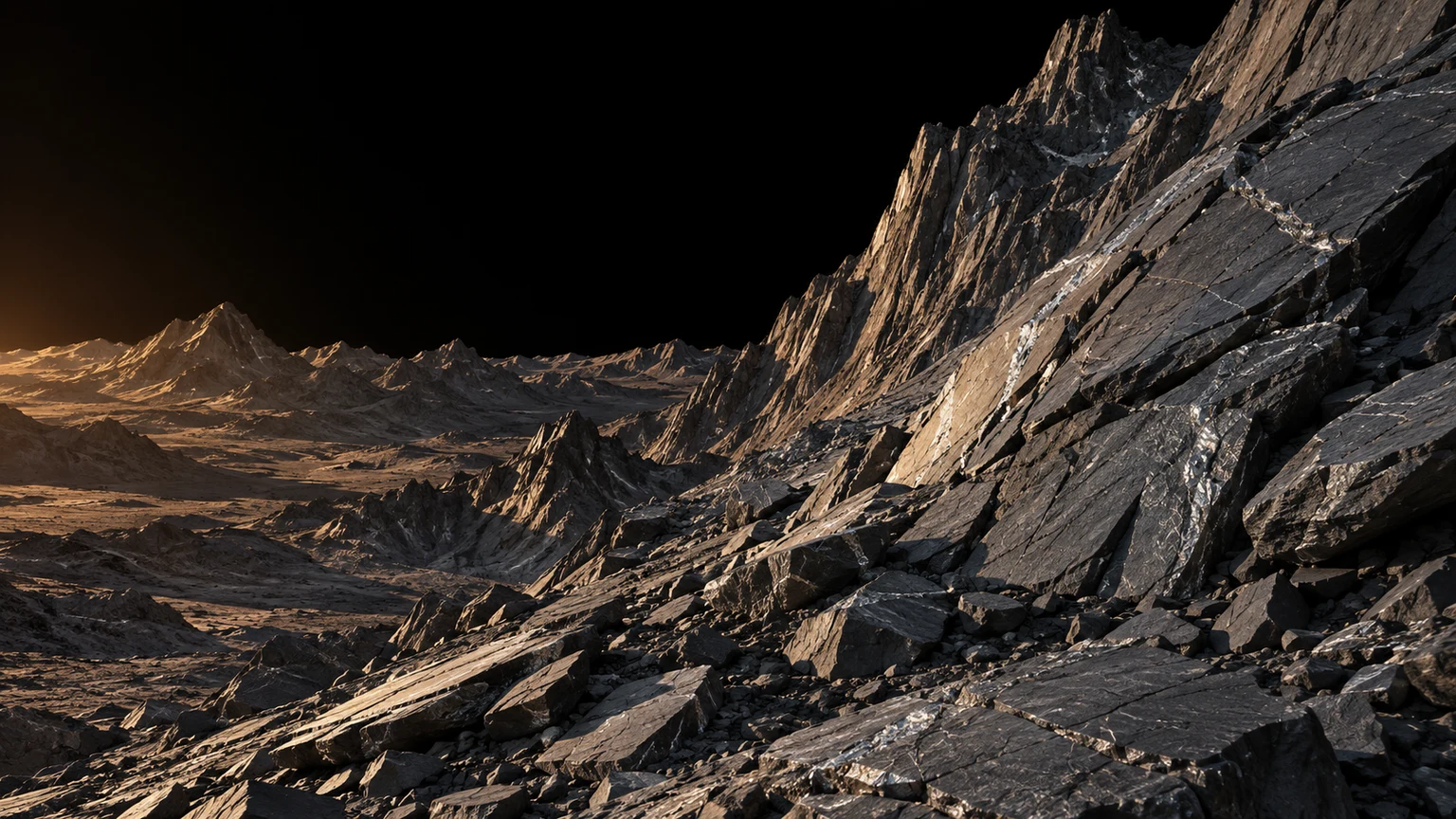 An imagined view of slate-gray mountains, silvery mineral veins and dry cratered highlands. The terrain and mineral colors are invented. An airless sky is an illustration assumption, not a measured atmospheric state. No landing site has been mapped here.