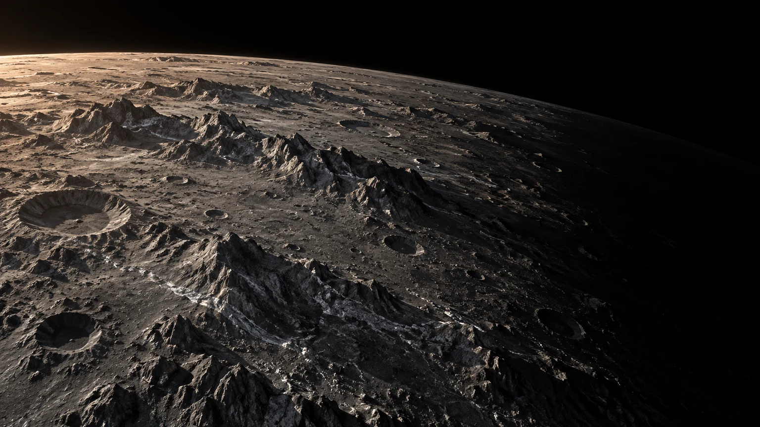 An imagined view of slate-gray mountains, silvery mineral veins and dry cratered highlands. The terrain and mineral colors are invented. An airless sky is an illustration assumption, not a measured atmospheric state. No landing site has been mapped here.