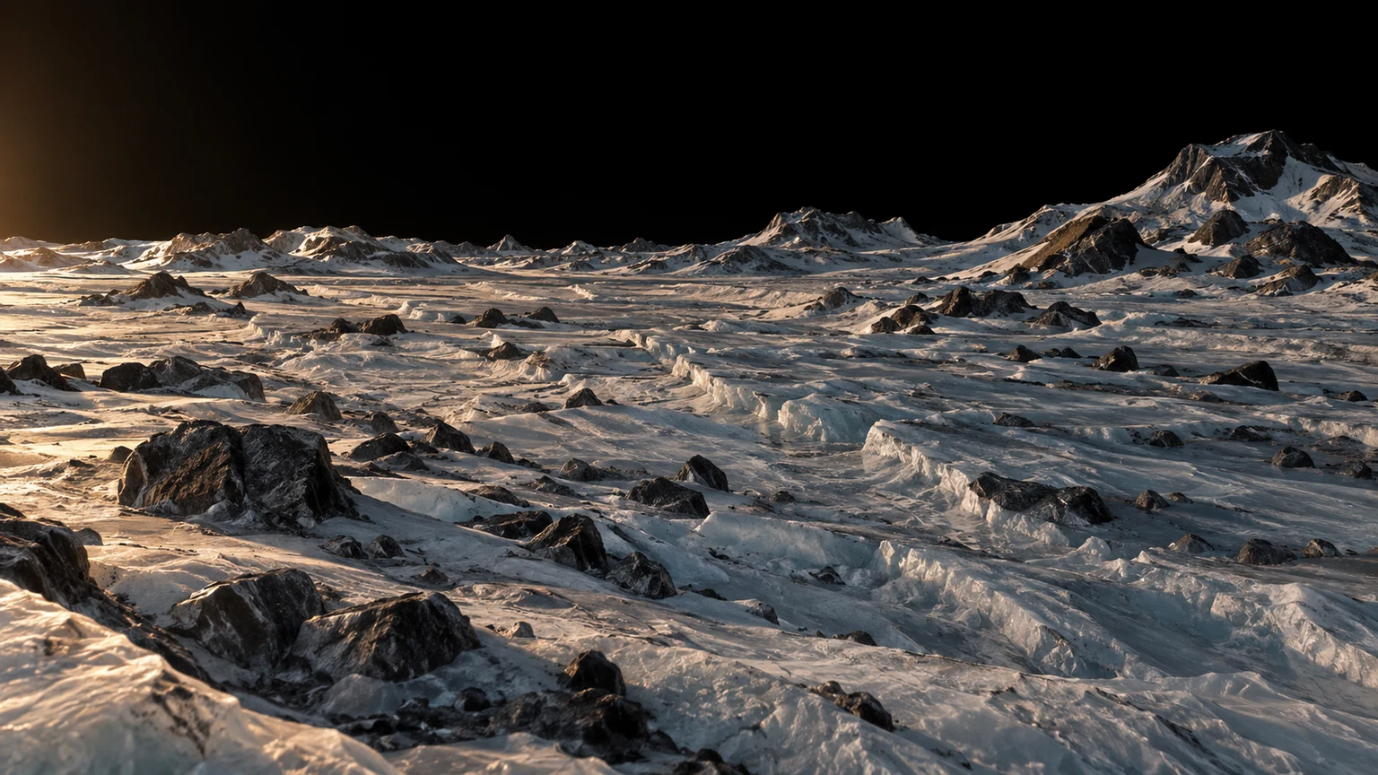 An imagined view of hypothetical blue-gray ice, dark rock inclusions and deep fractures. The ice and frost are hypothetical; water has not been detected on this surface. An airless sky is an illustration assumption, not a measured atmospheric state. No landing site has been mapped here.