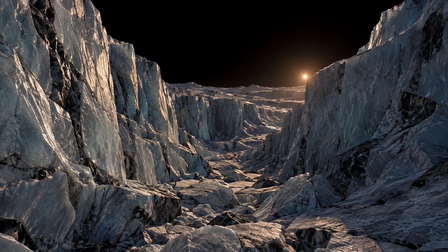 An imagined view of hypothetical blue-gray ice, dark rock inclusions and deep fractures. The ice and frost are hypothetical; water has not been detected on this surface. An airless sky is an illustration assumption, not a measured atmospheric state. No landing site has been mapped here.