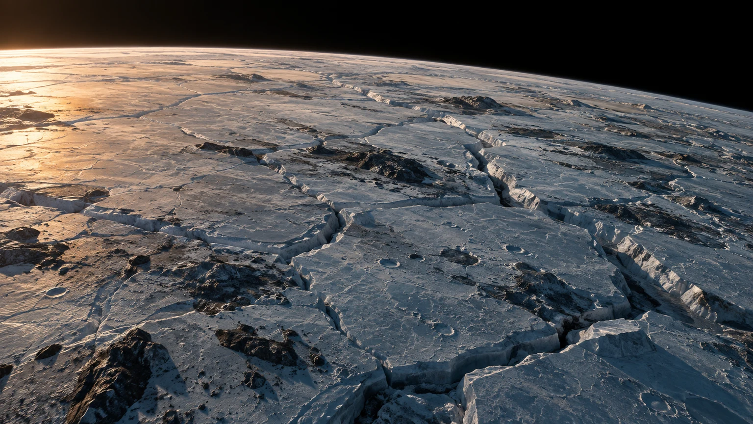 An imagined view of hypothetical blue-gray ice, dark rock inclusions and deep fractures. The ice and frost are hypothetical; water has not been detected on this surface. An airless sky is an illustration assumption, not a measured atmospheric state. No landing site has been mapped here.