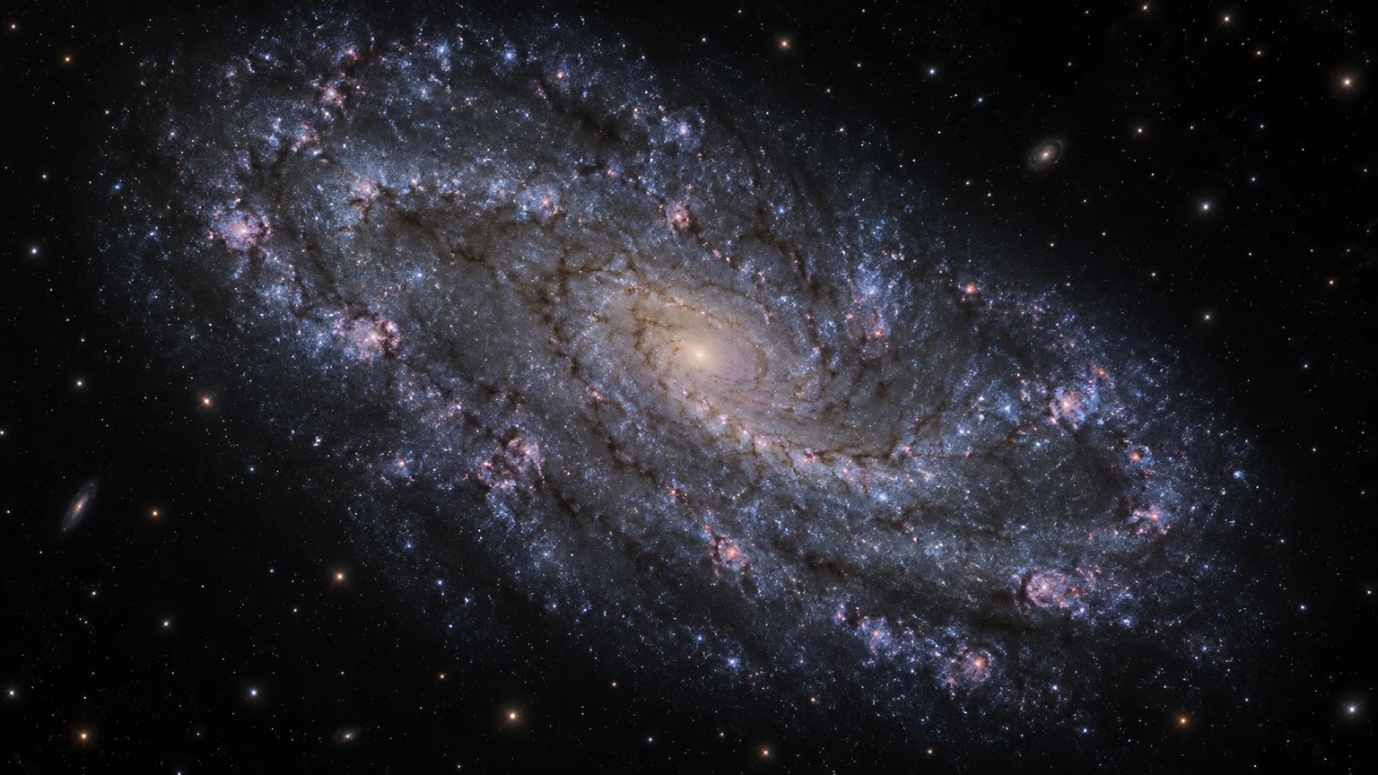 Hypothetical oblique view across a Triangulum-like disk, showing dust and scattered star formation. An artistic reconstruction.