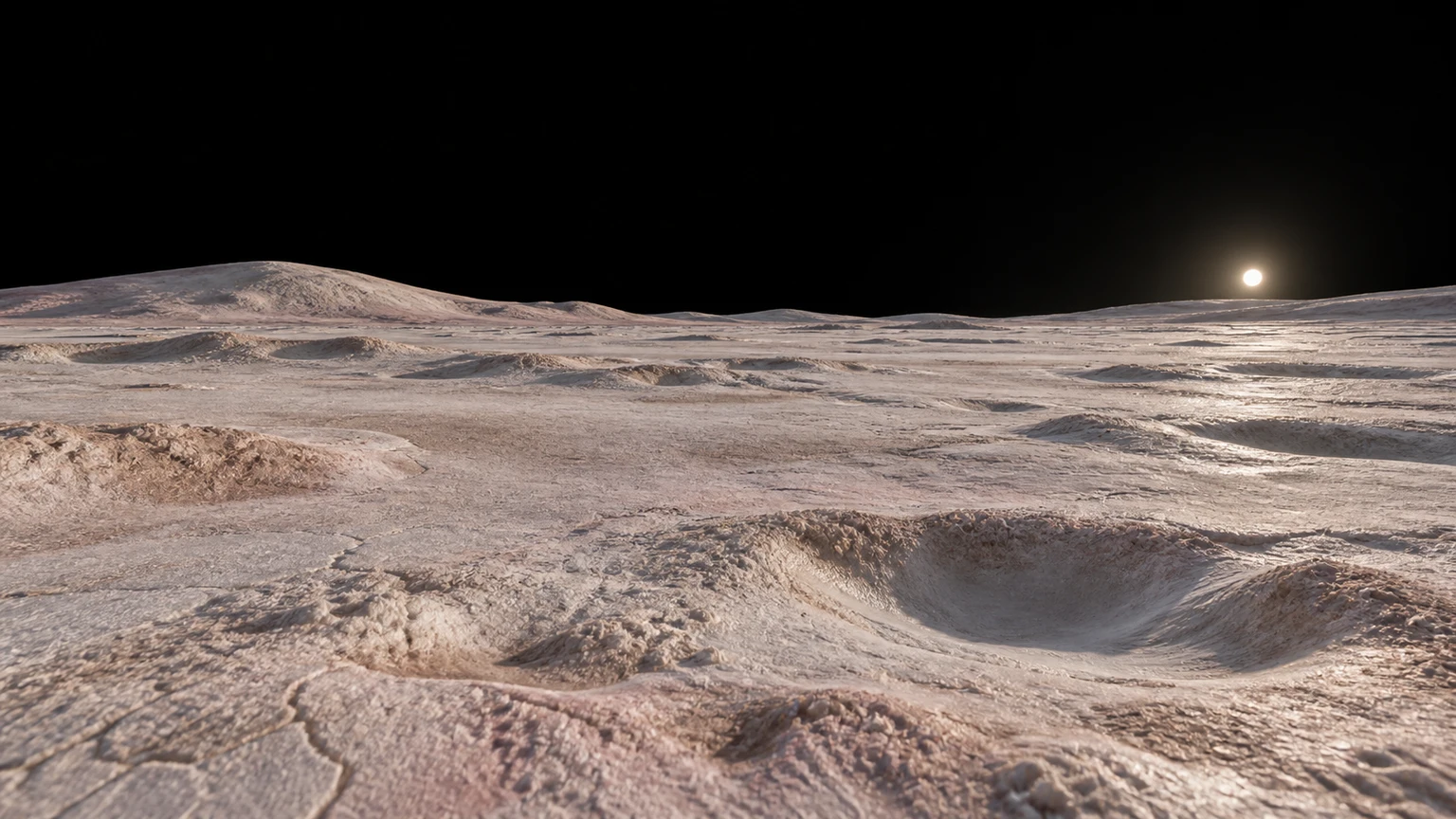 An imagined low-relief frost landscape on Triton. Pale tones and hummocky terrain are interpretive, informed by Voyager views.