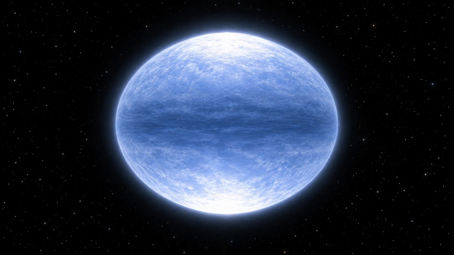 An illustrative equatorial viewpoint showing oblateness and gravity darkening. We normally see Vega nearly pole-on; this side view is reconstructed, with contrast enhanced to show the effect.