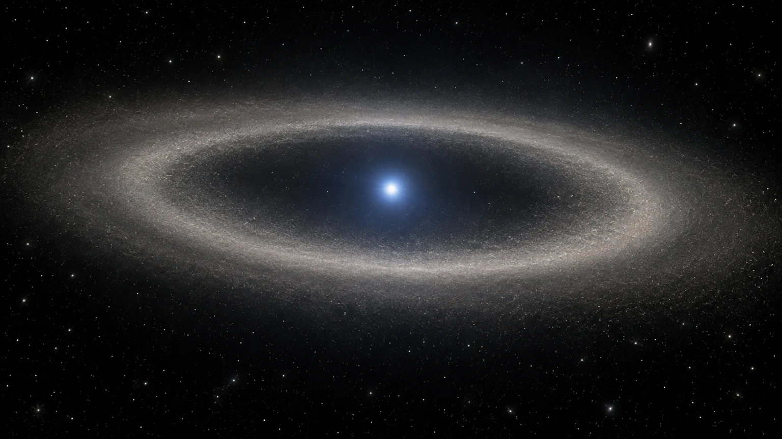 An artist’s interpretation of Vega’s broad debris disk. Dust brightness and the central star’s apparent size are adjusted for visibility; the scene shows no claimed planets.
