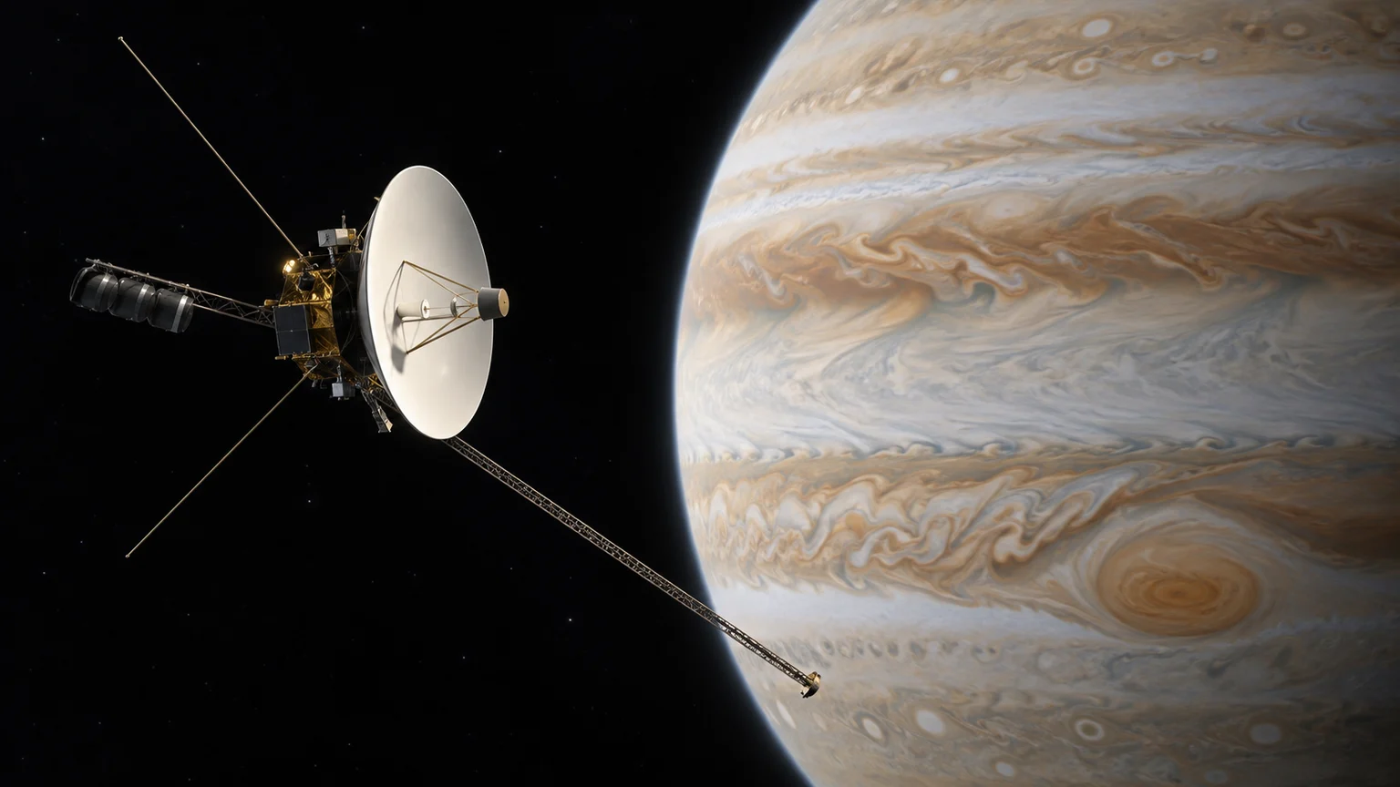 An artistic reconstruction of Voyager 1 near Jupiter. The spacecraft, cloud patterns, illumination and viewing geometry are illustrative, not a photograph of the encounter.