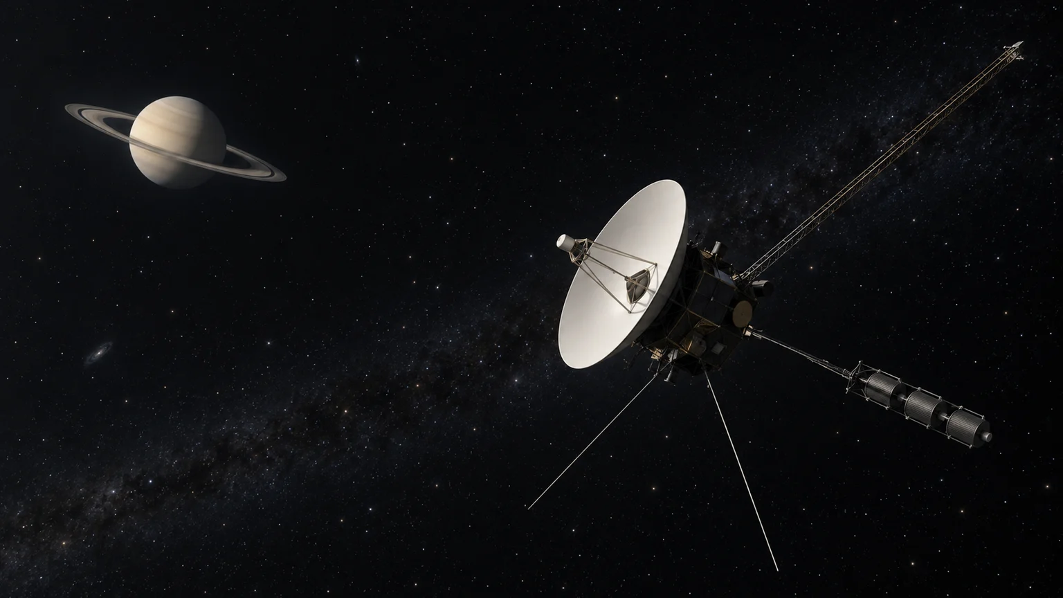 An imagined view of Voyager 1 departing Saturn. Ring geometry, spacecraft position and lighting evoke the planetary encounter without reconstructing a specific recorded viewpoint.