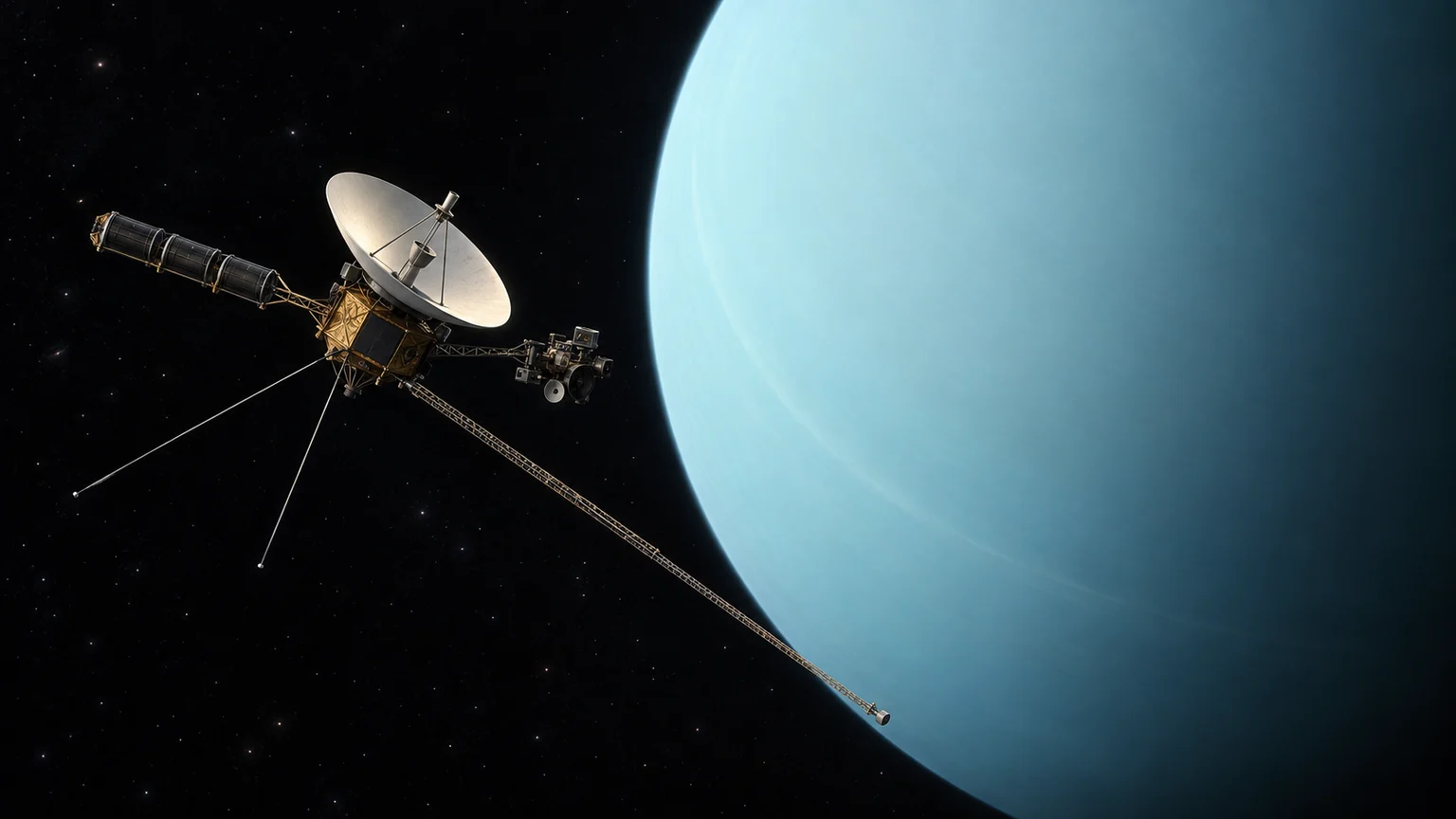 An imagined view of Voyager 2 near Uranus. Spacecraft position, lighting and cloud detail illustrate the encounter rather than reproduce a recorded view.