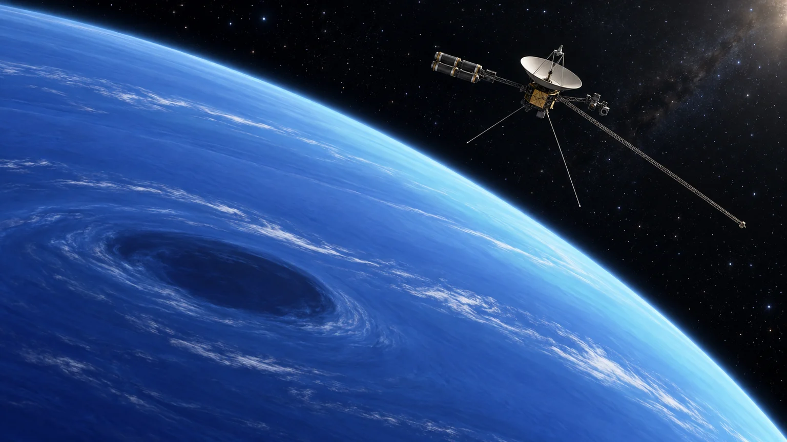 An artistic reconstruction of Voyager 2 passing Neptune. The composition and atmospheric details are illustrative.
