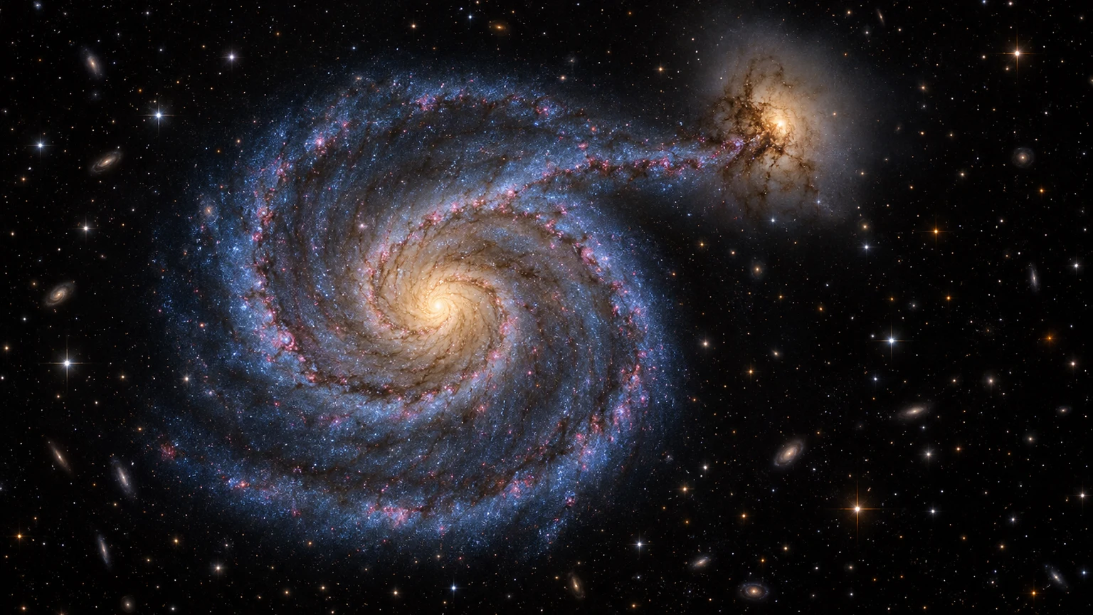 Artist’s reconstruction of M51 and NGC 5195. The apparent arrangement is illustrative, not a measured orbit.