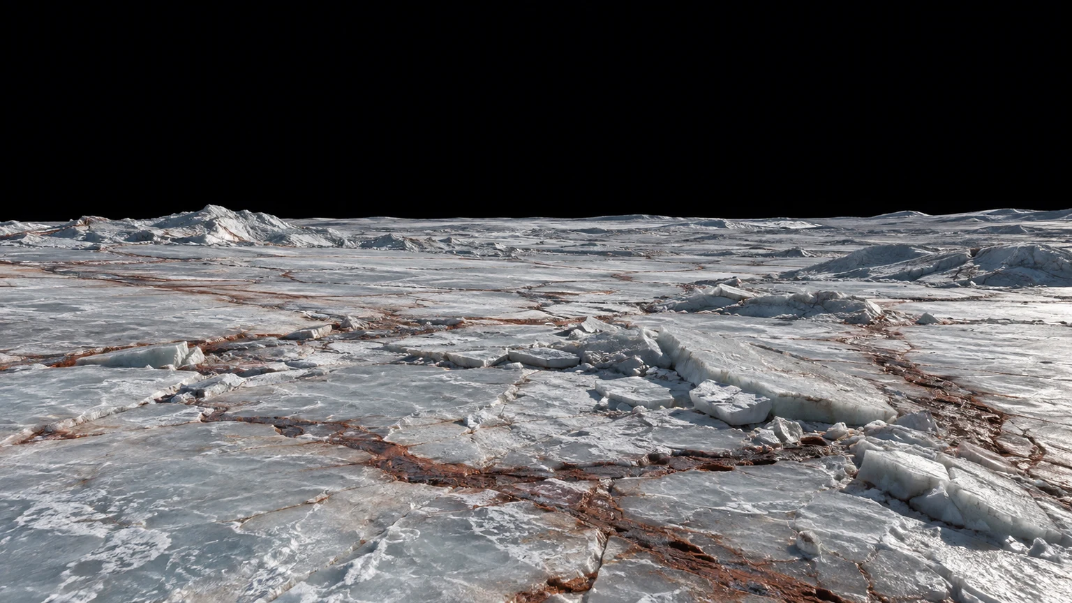 An imagined surface of pale ice ridges and darker stained seams. Ground-level details are interpretive, informed by orbital observations.