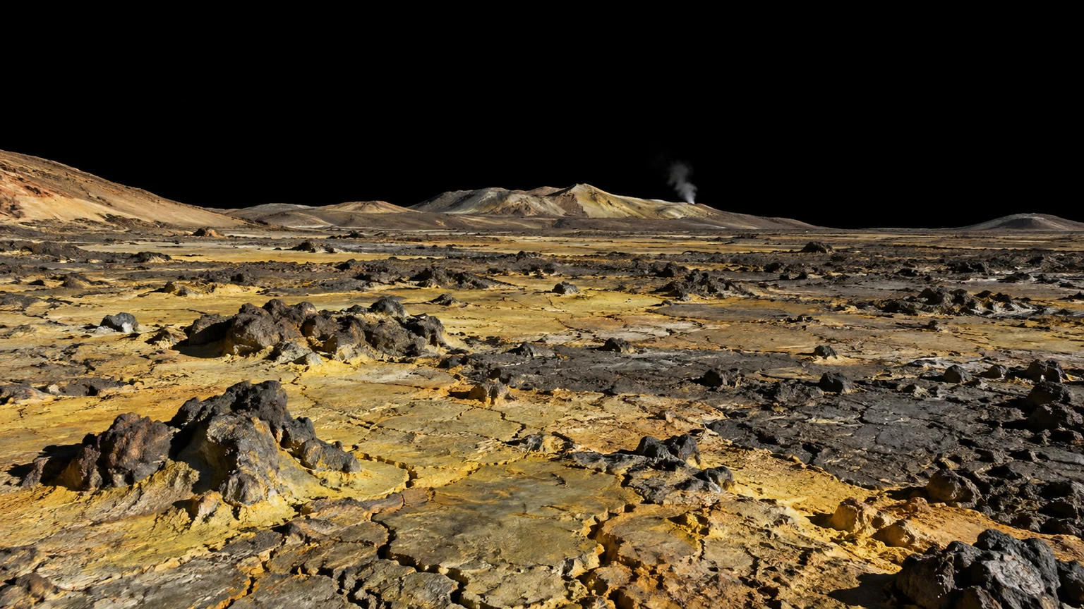 An artistic reconstruction of Io’s sulfur-colored volcanic terrain. Local geology and lighting are interpretive.